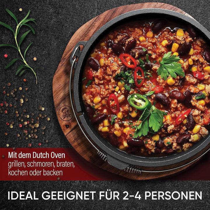 GUSSKÖNIG Dutch Oven Set [4,5L] - Eingebrannter Feuertopf mit praktischem Deckelheber und Edelstahl