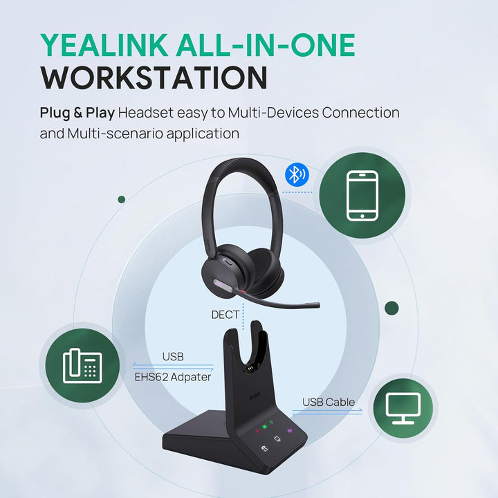 Yealink WH64 Wireless Headset mit Mikrofon,185 m Reichweite DECT & Bluetooth Dual Modus Kabelloses H