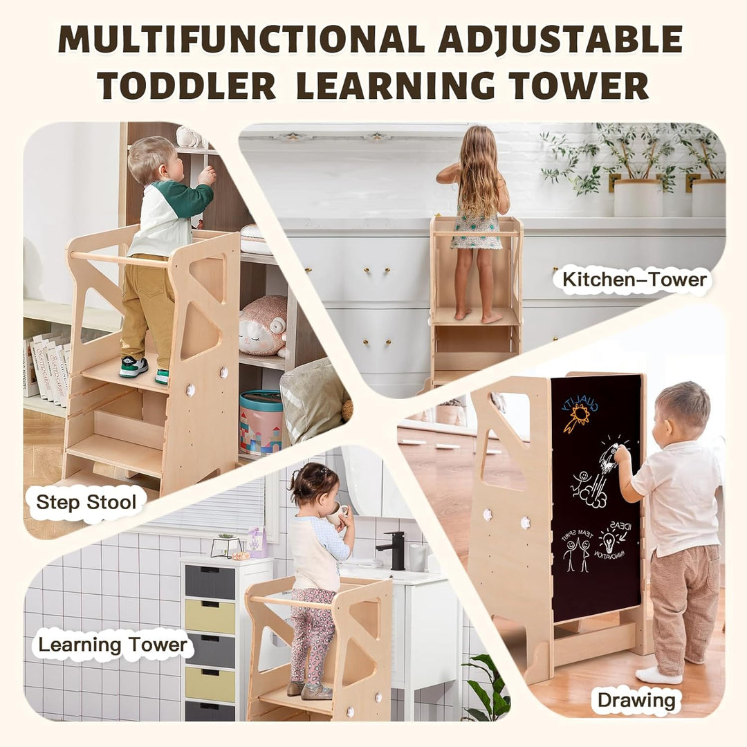 Labebe Lernturm für Kinder, Montessori Learning Tower mit Rutsche, 4-in-1 Verstellbare Höhen Lerntur
