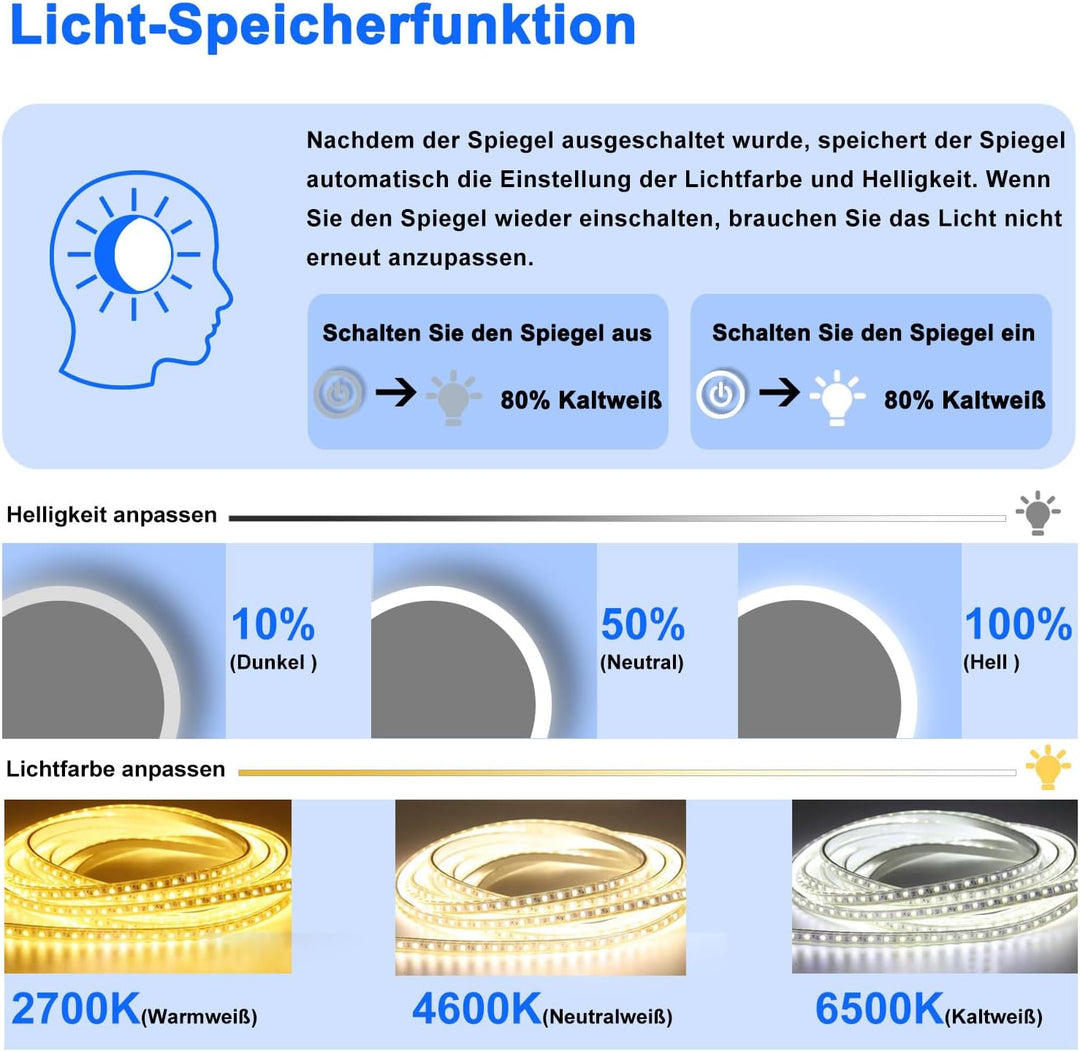 Aica Sanitär LED Spiegel Rund 50 cm Kalt/Neutral/Warmweiss, dimmbar, Memory Funktion, Wandschalter/T