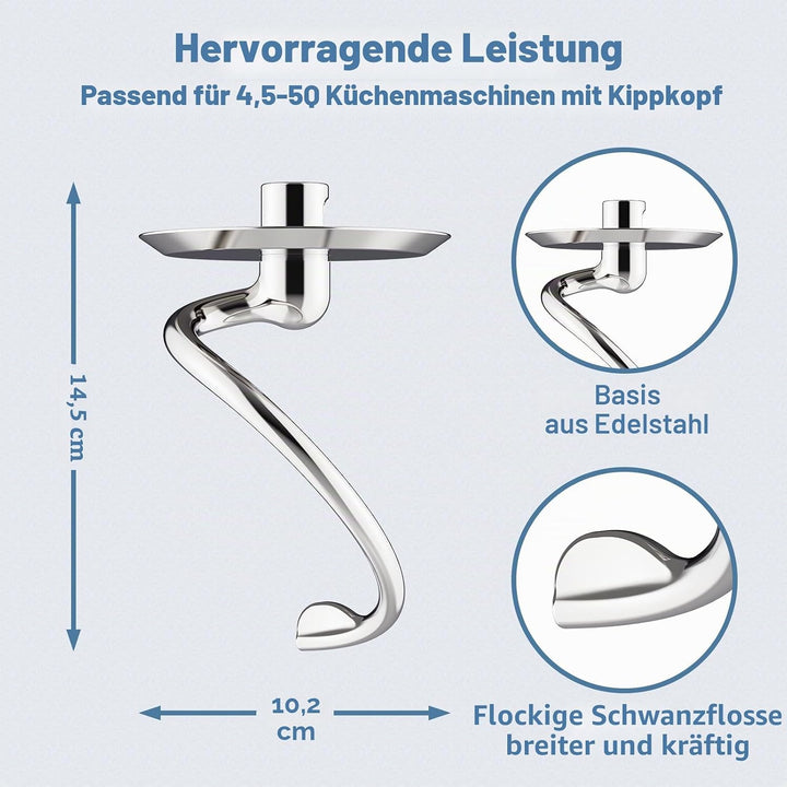 Cofun Edelstahl SpiralKnethaken für KitchenAid Zubehör, Knethaken für KitchenAid 4,5-5 Quart Kipp-St