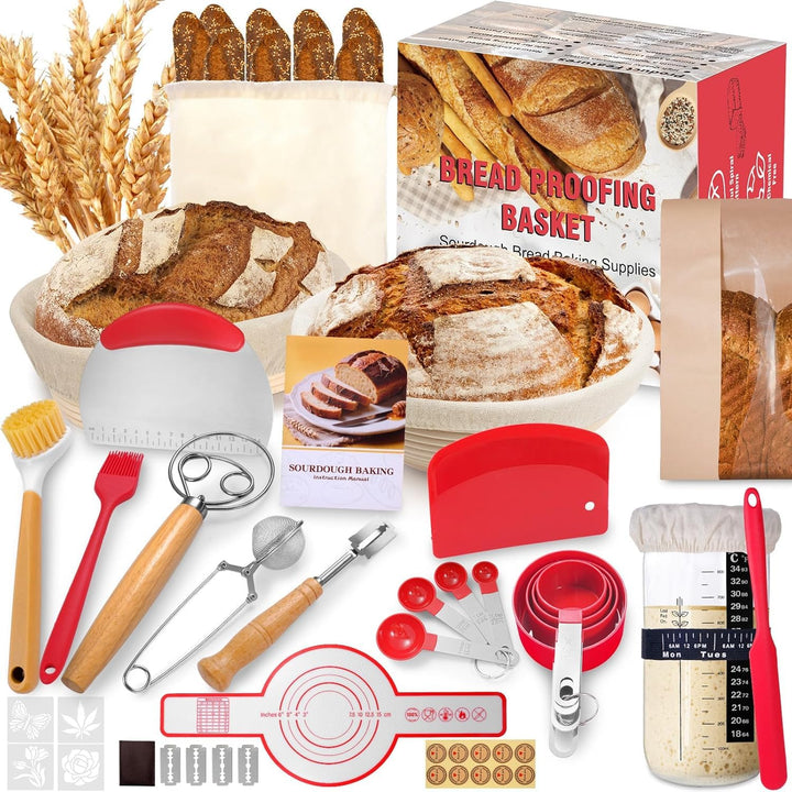 Sauerteig Starter Set, Gärkorb Brot Set mit 2 Gärkörbchen (23cm Runde &amp; 25cm Ovale), Rattan, 1000ml