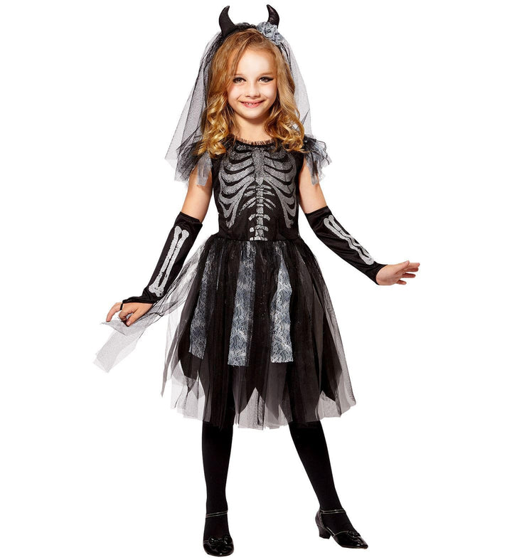 "SKELEDEV BRIDE" (dress, fingerless gloves, bridal veil with horns) - (140 cm / 8-10 Years), 140