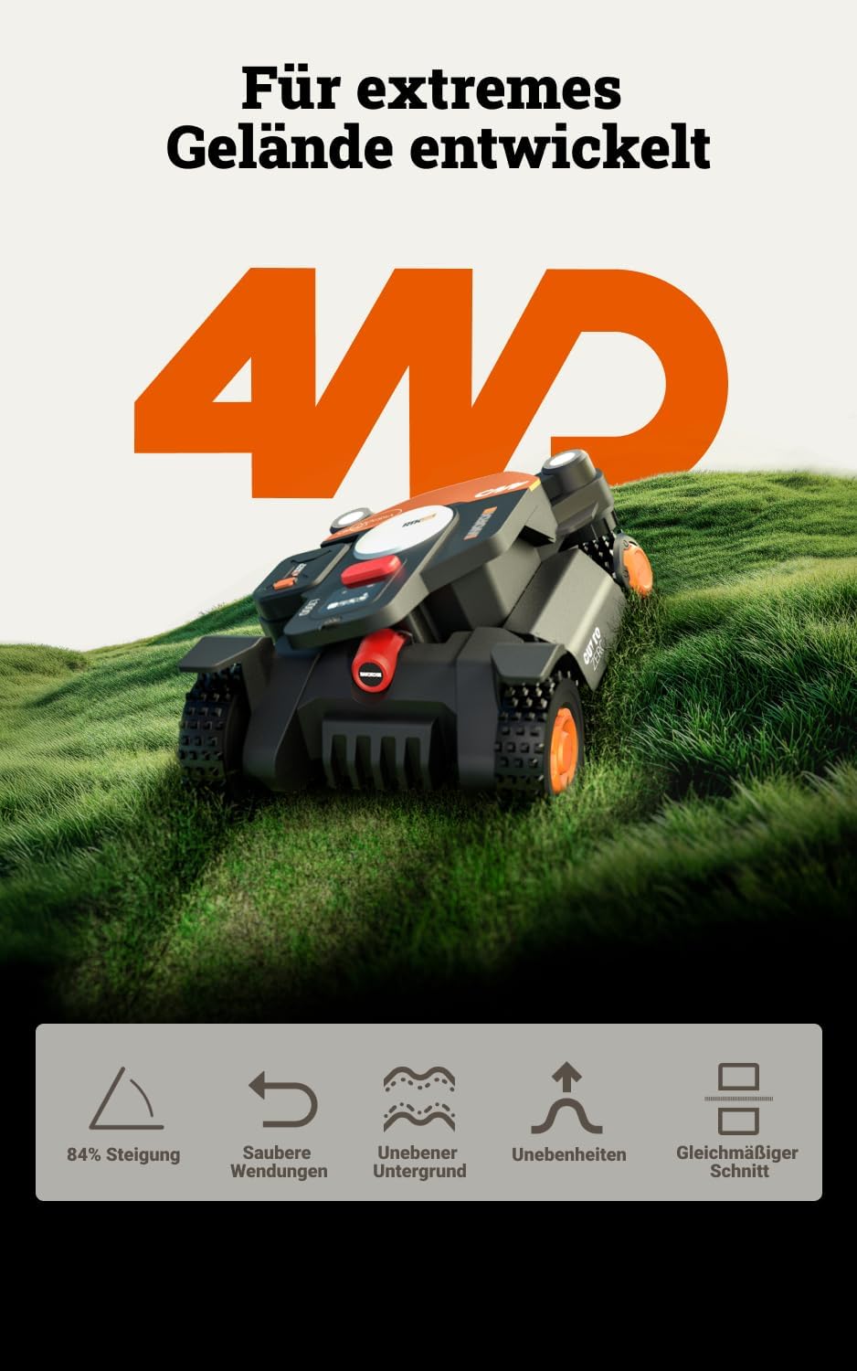 WORX Landroid Vision Cloud WR342E 4WD Mähroboter ohne Begrenzungskabel für 2000 m² (KI-Hinderniserke