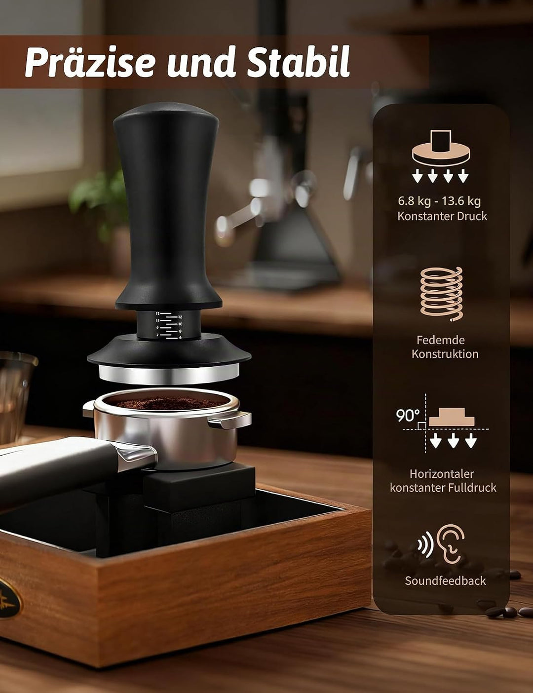 Kaffee Tamper Set 58mm, Espresso Tamper kalibriert, 304 Edelstahl Gewindebasis, Kaffeestampfer mit E