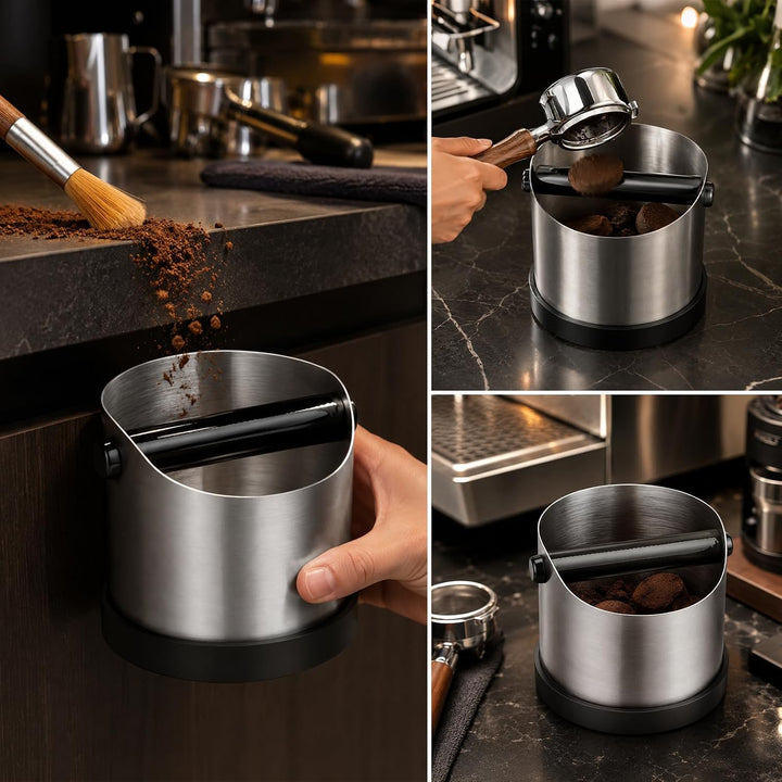 Abklopfbehälter für Siebträger 700 ml Edelstahl, Knock Box Espresso mit abnehmbarer Metall-Klopfstan