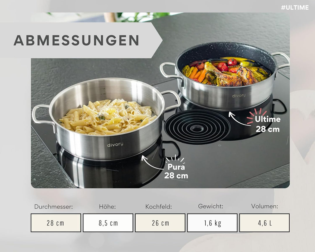 DIVORY Schmorpfanne 28cm Induktion, Servierpfanne mit Deckel 4,6l Edelstahl – beschichteter Kochtopf