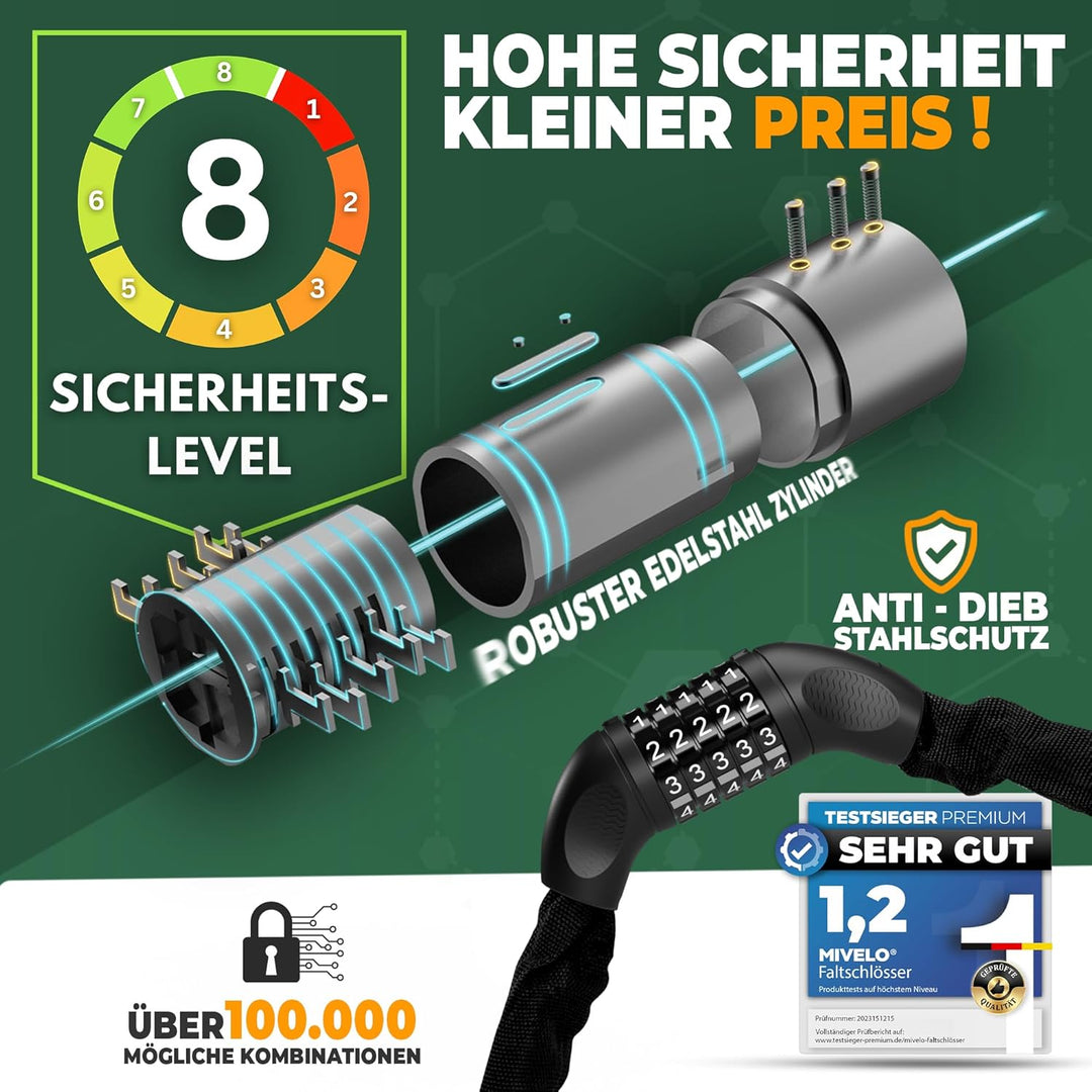 MIVELO Fahrradschloss Kettenschloss hohe Sicherheit - Schloss Fahrrad I Radschloss extra sicher & ro