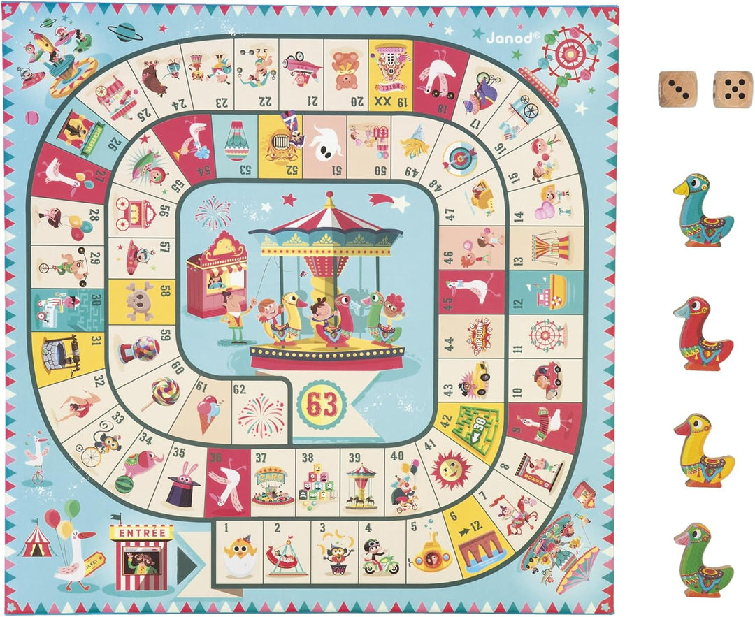 Janod - Carrousel Multi-Games Box Set - Classic Family Games - Draughts game, Ludo, Yellow Dwarf, 7