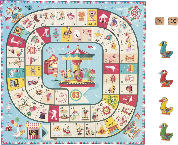 Janod - Carrousel Multi-Games Box Set - Classic Family Games - Draughts game, Ludo, Yellow Dwarf, 7