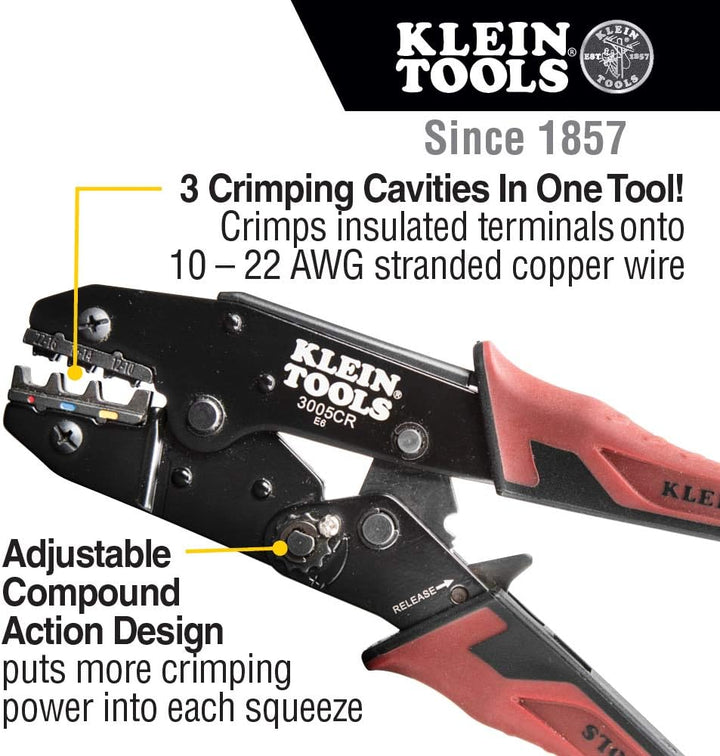 Klein Tools 3005CR Draht-Crimper Werkzeug, Ratsche isolierte Klemmzange für 10 bis 22 AWG Draht, Cri