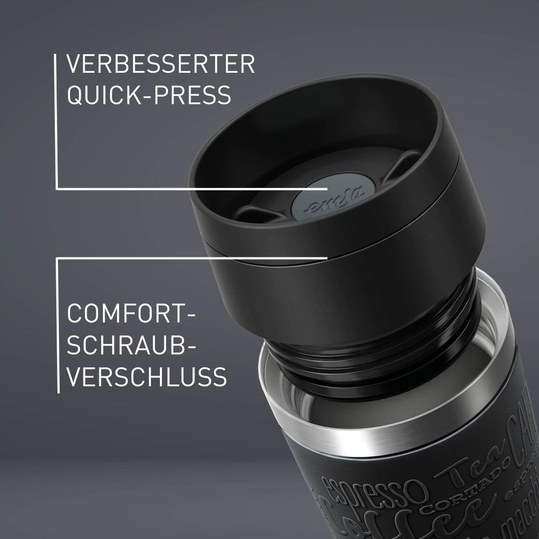 Emsa N20202 Travel Mug Classic Isolierbecher 0,36 Liter | neuer Komfort-Schraubverschluss | Edelstah