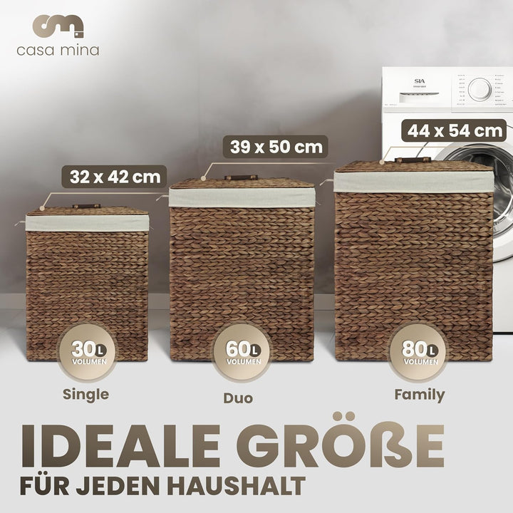 Casa Mina® Wäschekorb mit Deckel 44 x 34 x 54cm hoch I Atmungsaktiver Wäschekorb geflochten aus 100%