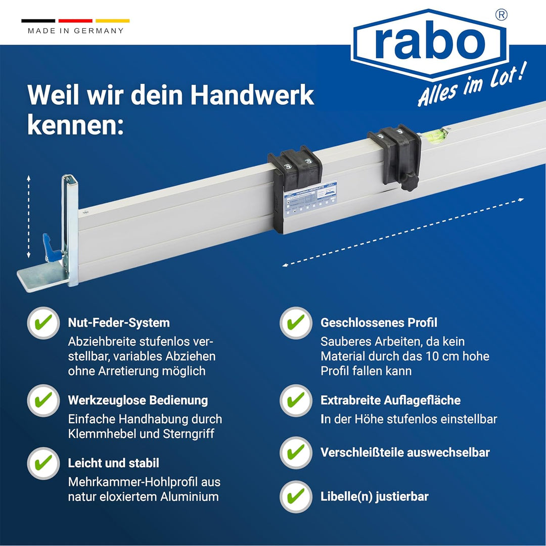 rabo stufenlos verstellbare Abziehschiene, natur eloxiert, Horizontallibelle(n), justierbar, mit 2 v