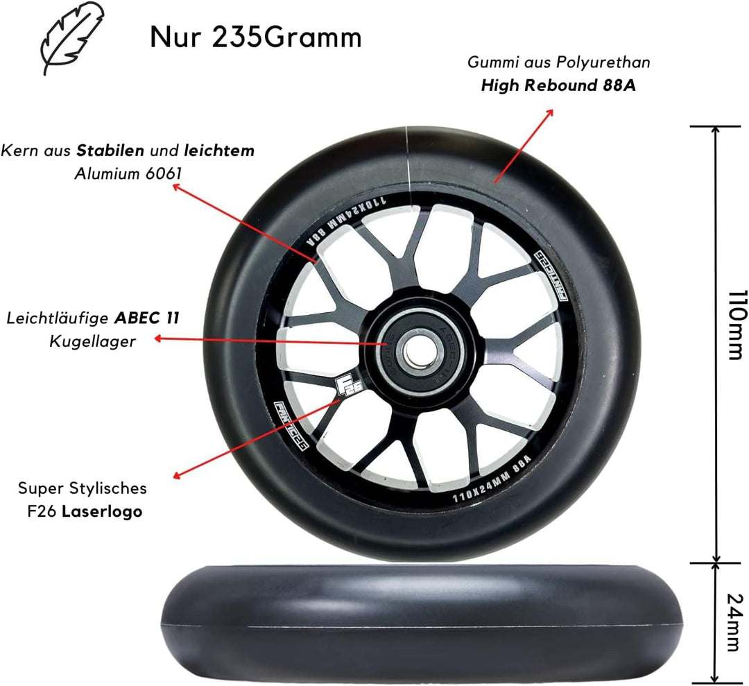 F26 BASE Stunt-Scooter Rolle Spoked 110mm PU Schwarz I Kinder I Trick I Tret I Roller I Wheel I Ersa