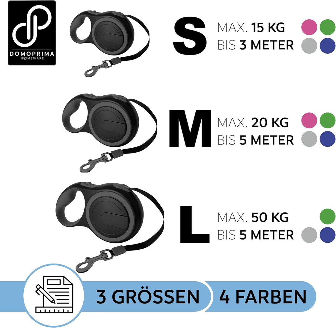 DOMOPRIMA Flexible Rollleine Hundeleine in 3 Grössen (S,M,L) und 4 Farben (grau, blau, grün, pink) -