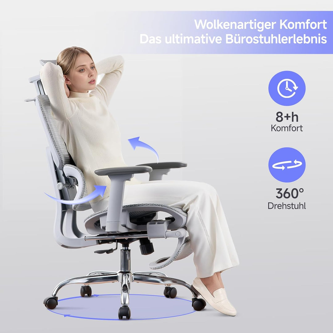Ergonomischer Bürostuhl mit Fussstuhl &amp; 3D Armlehnen - Gaming Stuhl mit 5-Fach Höhenverstellung, 2D