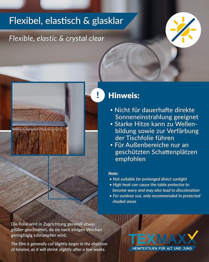 TEXMAXX® Tischfolie transparent 2mm mit abgeschrägter Kante / Tischschutz transparent versch. Grösse