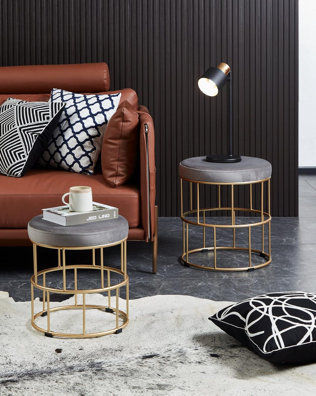 EGLO LIVING 2er Set Hocker Mashike, Elegante Sitzhocker, runde Couch Beistellhocker, Pouf aus Samt i