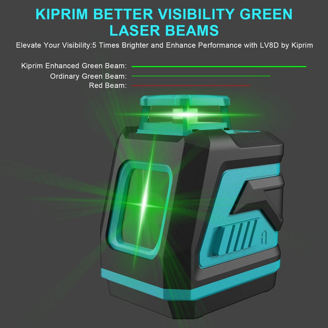 Kiprim Grüner Kreuzlinienlaser LV8D mit Verbesserter Sichtbarkeit,5 Laserlinien,Einstellbarer,Hellig