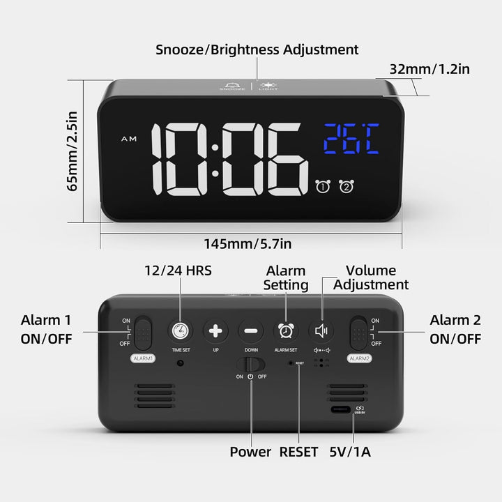 HOMVILLA Wecker, Wecker Digital mit Grosse LED Temperaturanzeige, Digitaler Wecker mit Dual Alarm, S