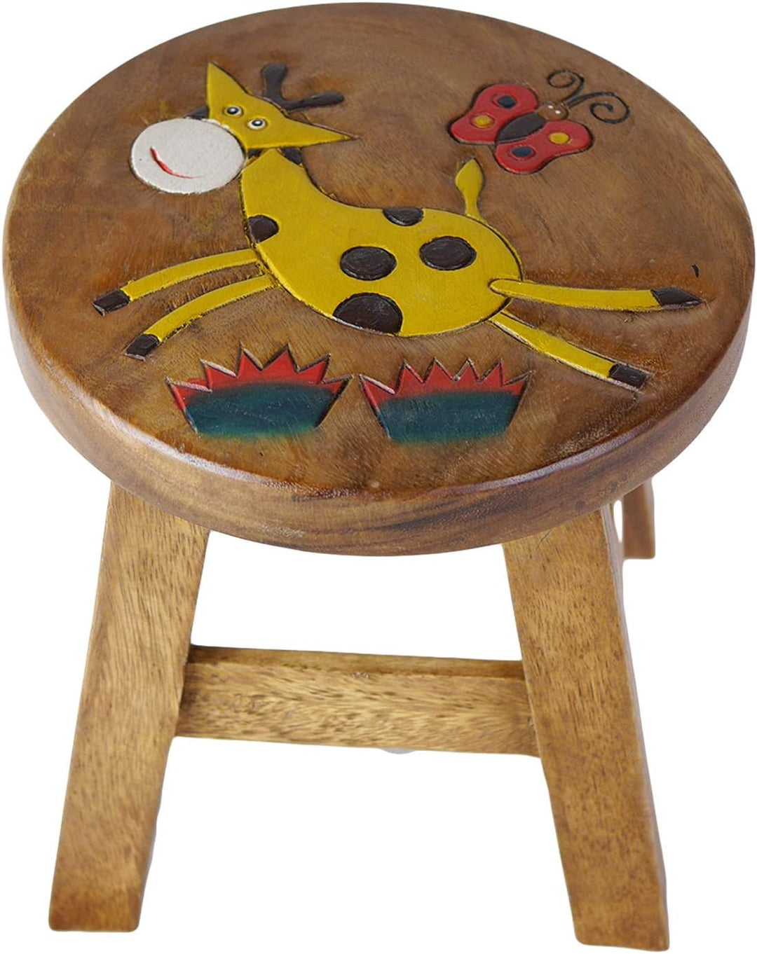 ART-CRAFT KH164 Kinderhocker Holz Schemel mit Tiermotiv Giraffe und Schmetterling bemalt und beschni