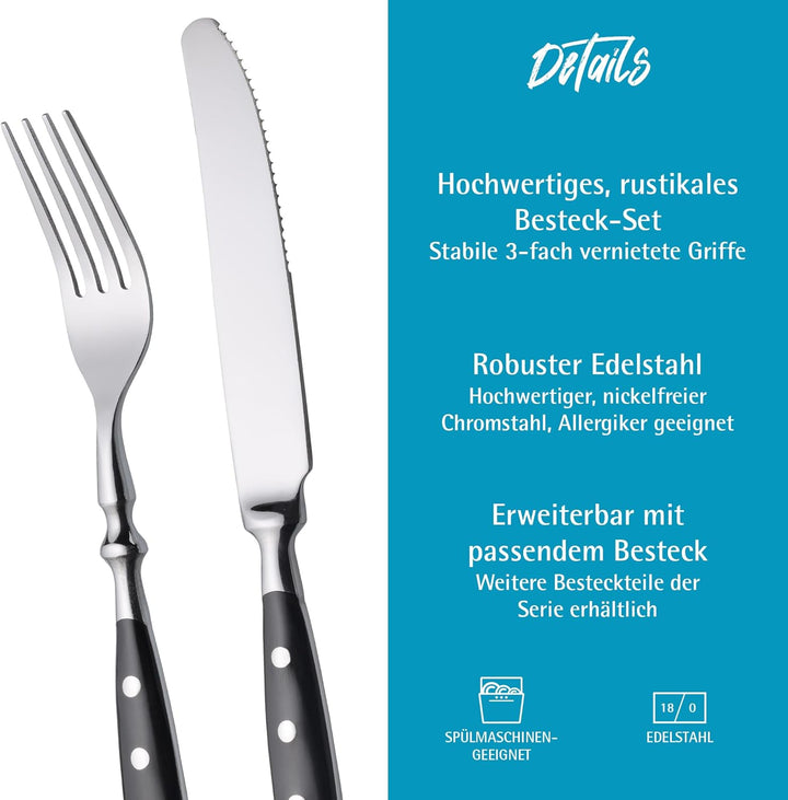 GRÄWE Besteckset, Nürnberg, 66-teilig, 12 Personen, Edelstahl, schwarzer Griff, rustikal, schwere Qu