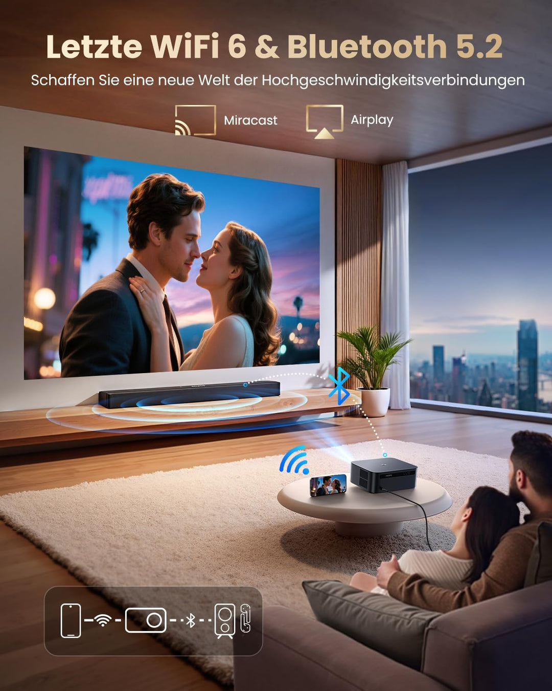 Beamer 4K [1300 ANSI|Google TV] FHD 1080P Beamer 4K Unterstützt, Autofokus Auto Trapezkorrektur 20W