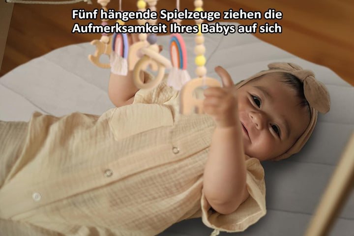 Spielbogen Baby Holz inkl. 5 Spielzeugen – Stabiler & Klappbares Spieltrapez