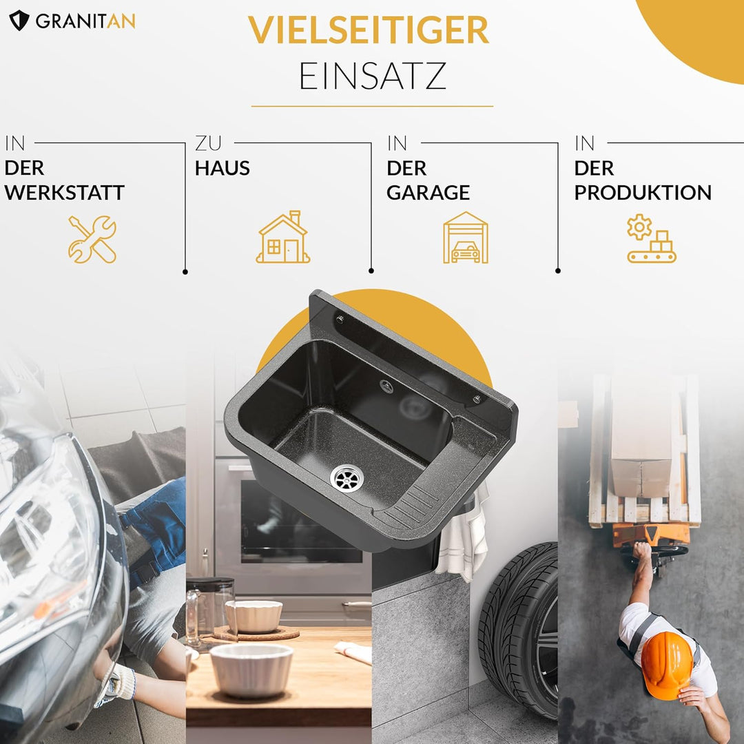 Granitan Ausgussbecken für Garage Keller Werkstatt und Waschküche - Universal Waschtrog Set mit Siph