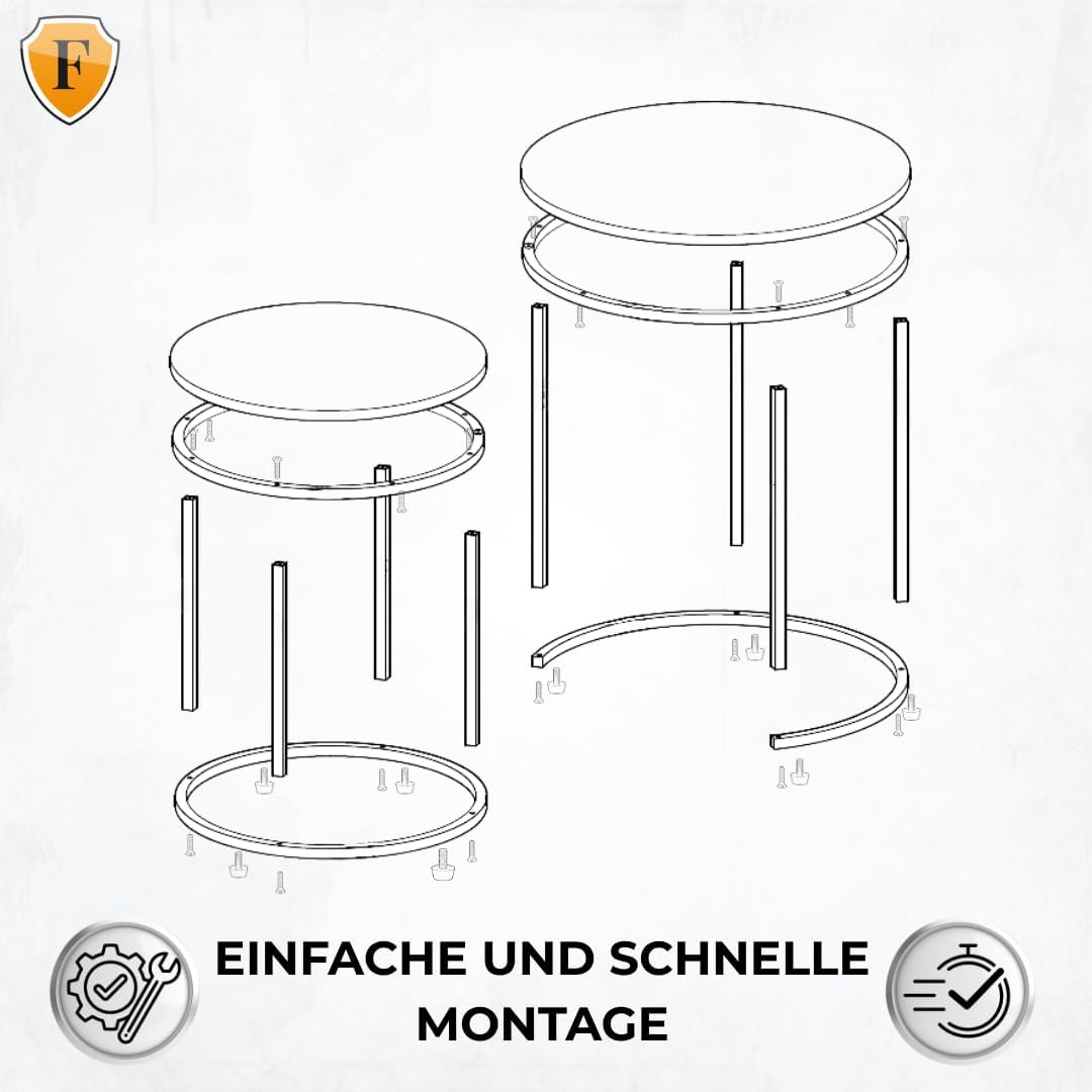 FORTENA 2er Set Couchtische, Schwarze oder goldene Metallbeine, Industrial-Stil, Raund (Marmor – Wei