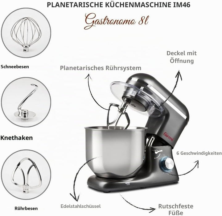 Girmi IM46 Knetmaschine Gastronomo 8 l, Teige von max. 3 kg, Leistung: 1400 W (max. 1800 W), IM4600,