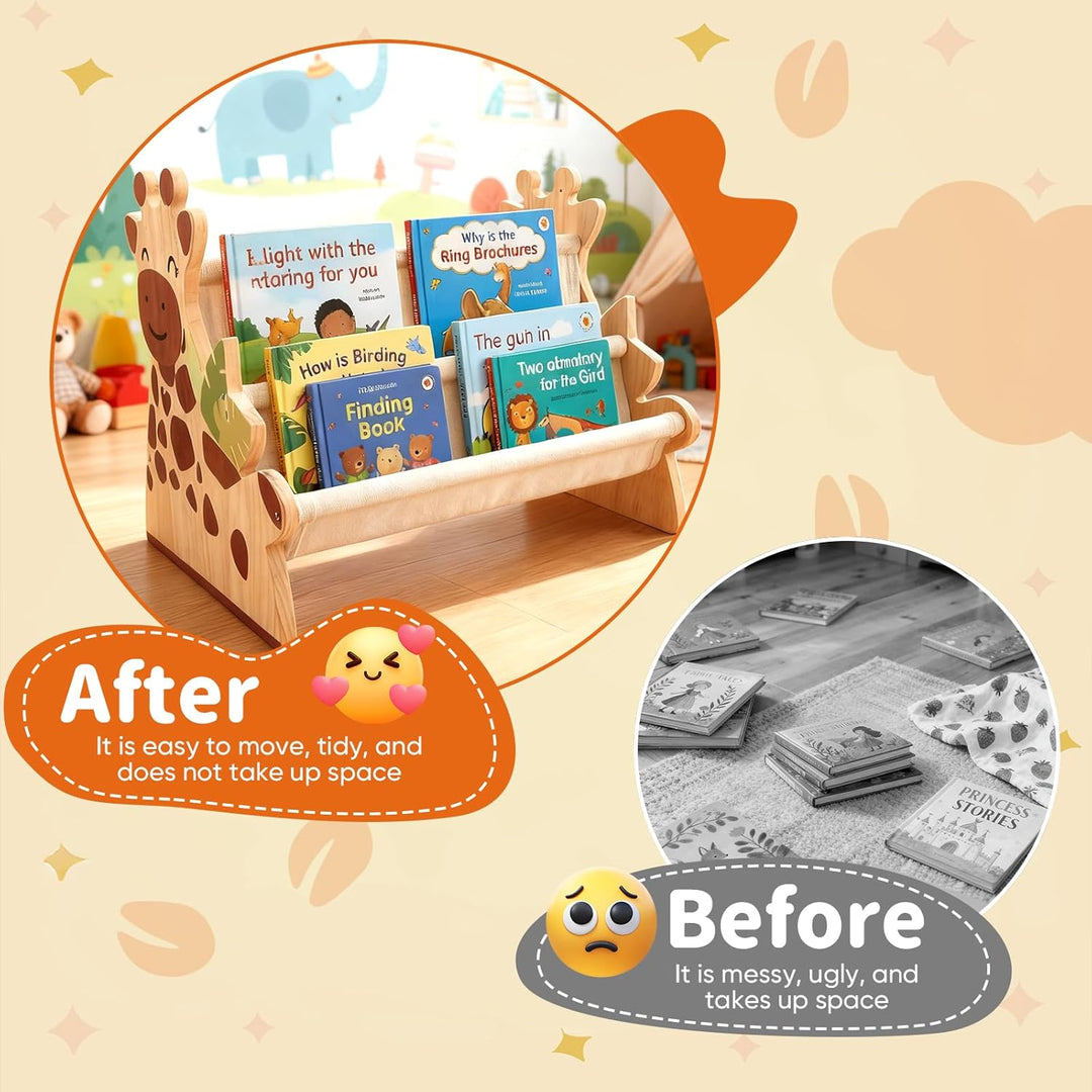 Kinder Bücherregal Holz mit 2 Etagen Bücherdisplays, Montessori Bücherregal Kinder, Kinderregal, Büc