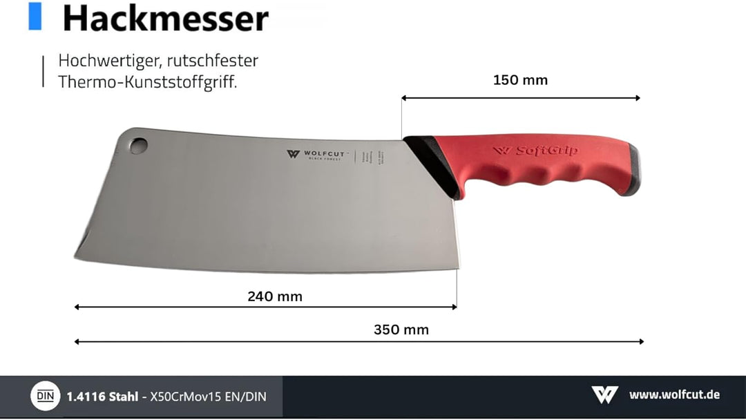 Wolfcut RED Serie - Hackmesser 24 cm Klinge, rot-schwarzem rutschfestem Griff,Premium Profi Qualität