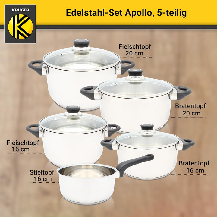 Krüger Edelstahl Kochtopf-Set Apollo 5-teilig - Topfset aus 4 Kochtöpfen und einer Stielkasserolle m