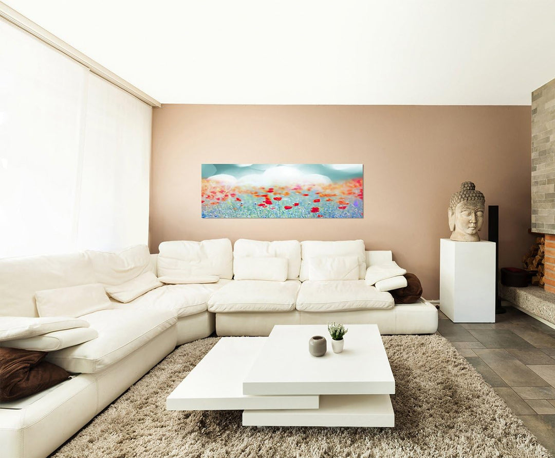 Paul Sinus Art Panoramabild auf Leinwand und Keilrahmen 150x50cm Mohnblumen Wiese Sommer Sonnenunter
