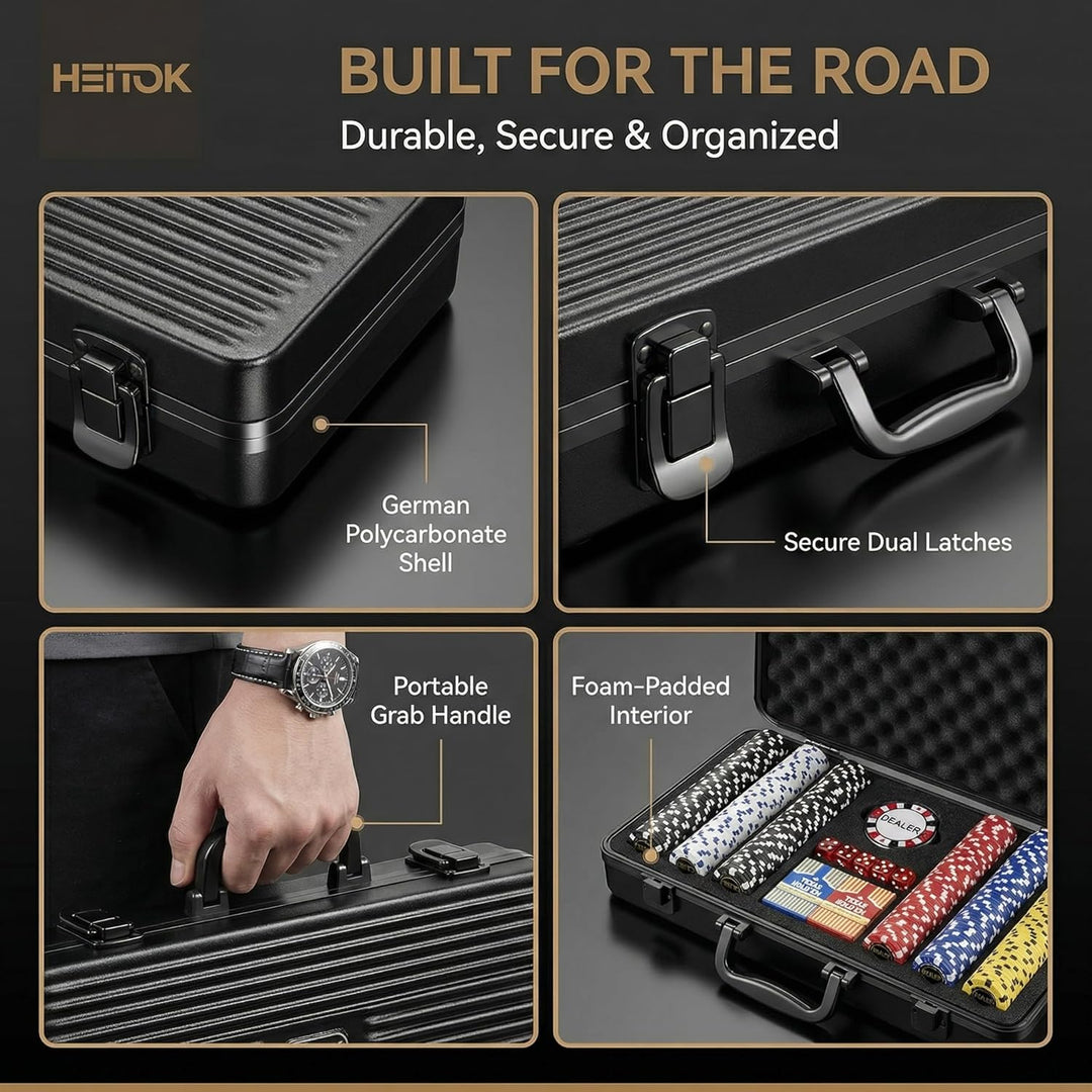 Pokerkoffer 500 Stück, Premium Poker Set im extrem stabilen Polycarbonat-Koffer (Kein Alu) – 14g Cla