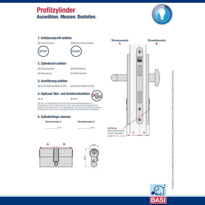 BASI | V55 Profil-Knaufzylinder K30/30 mm | Doppelzylinder für Hauseingangs- Wohneingangstüren | Zyl