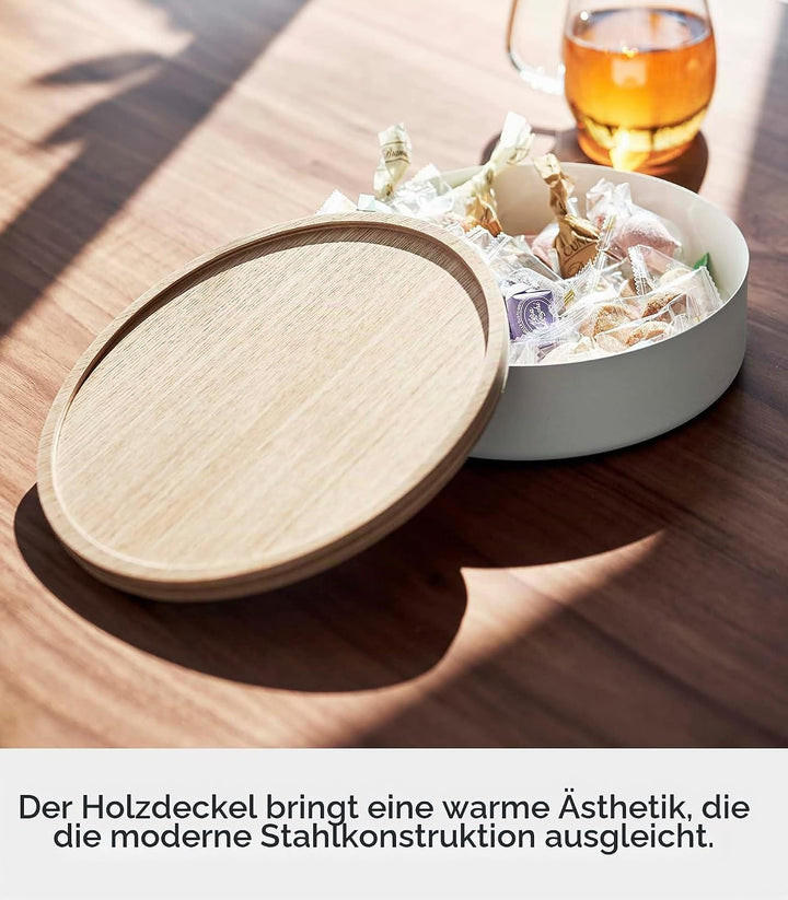 Yamazaki 5801 RIN Aufbewahrungsbehälter mit Deckel, rund, weiss, Stahl/Holz, Minimalistisches Design