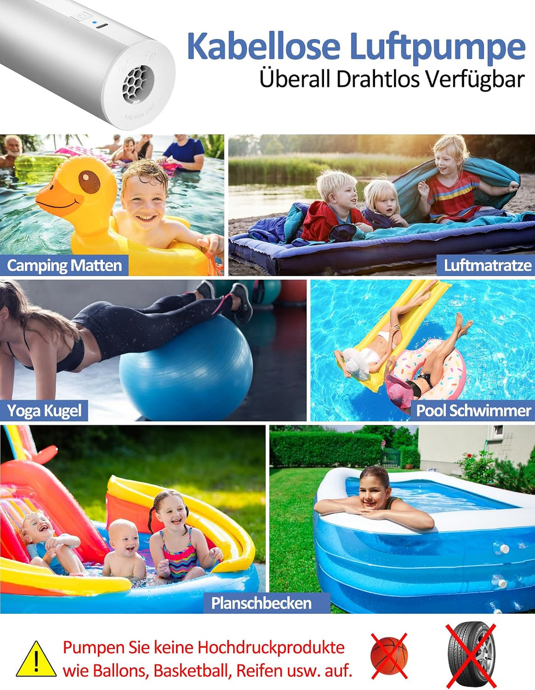 Kabellose Elektrische Luftpumpe mit 2×2000mAh Wiederaufladbarem Akku für Pool, Schlauchboot &amp; Luftma