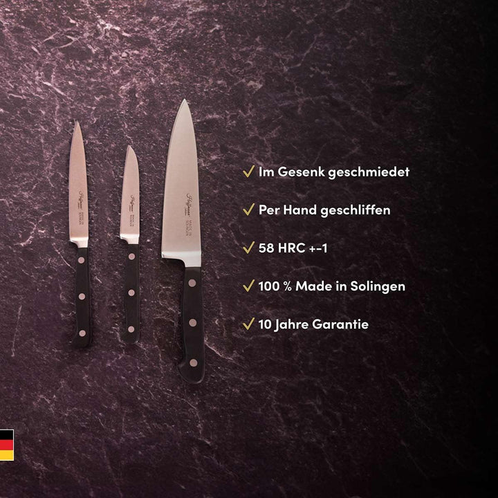 Hoffmann Küchenmesser Set 3-teilig – Made in Solingen Messer mit Chefmesser 21 cm, Gemüsemesser und