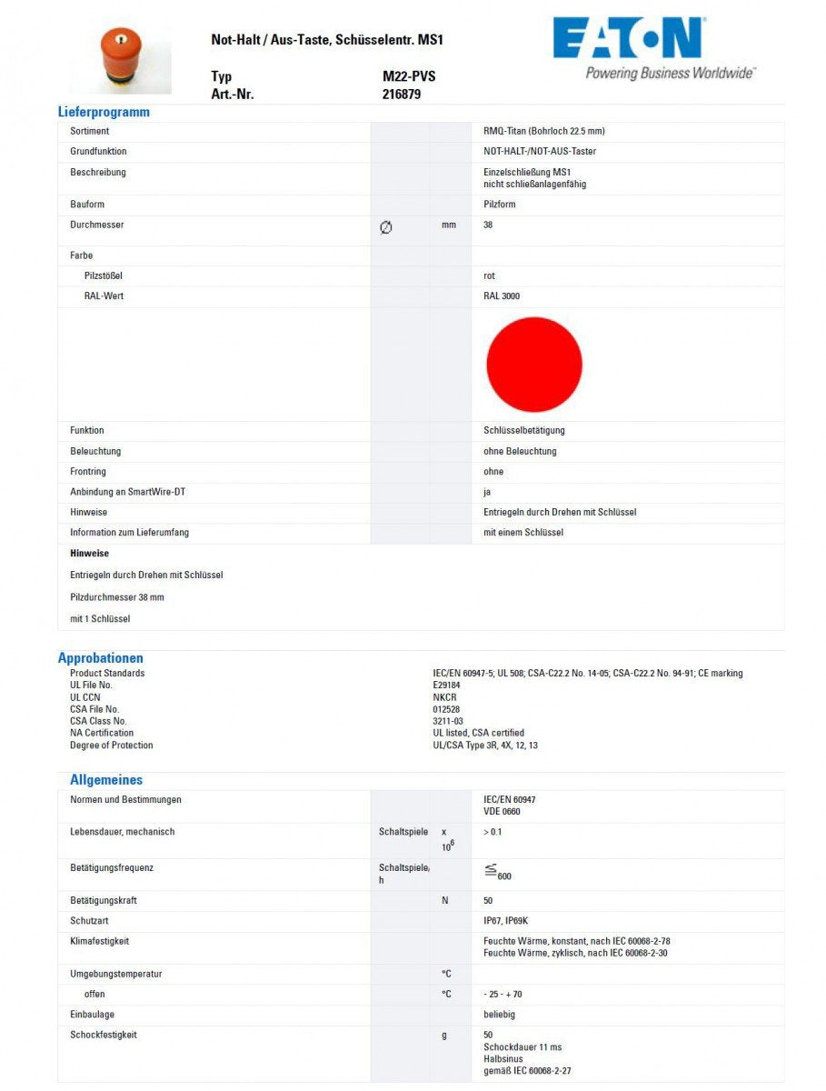 NOT AUS SCHLÜSSELTASTE EATON M22-PVS