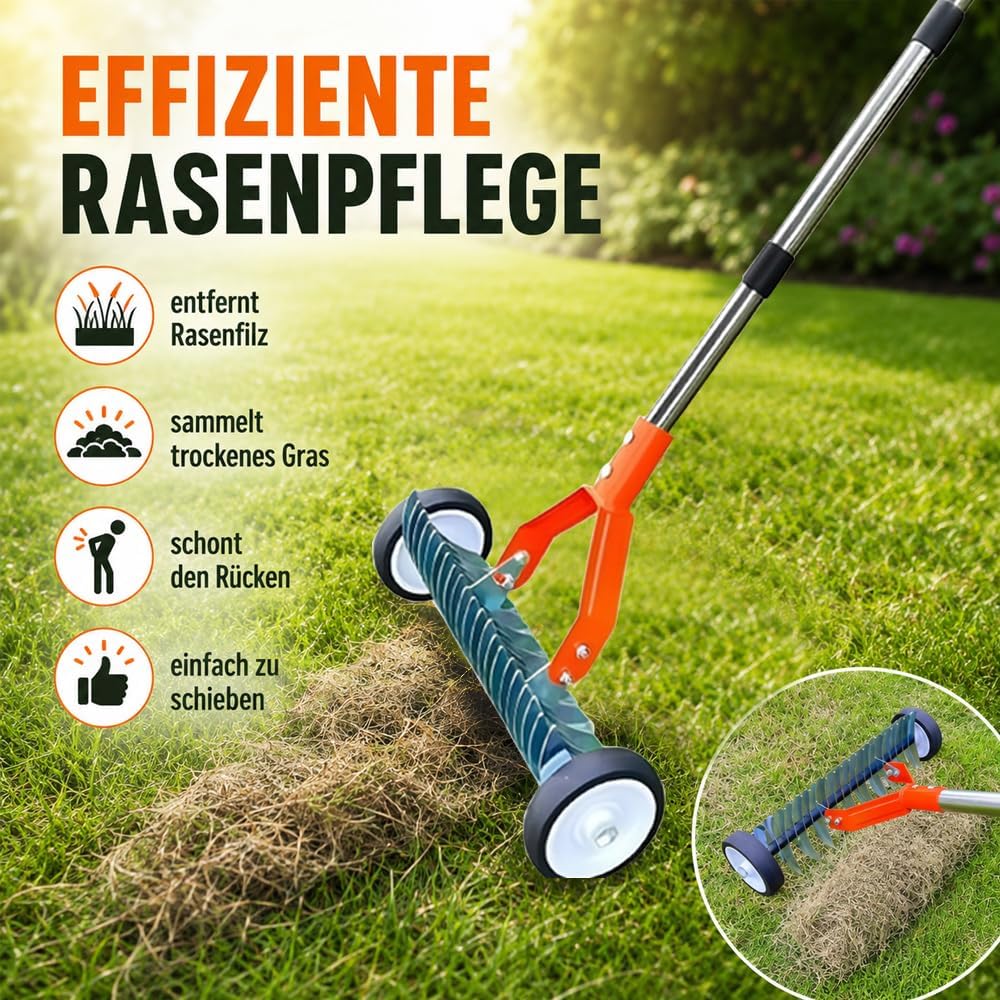 Handvertikutierer mit Rollen, 165cm Vertikutierrechen Garten, Rasenrechen mit Rädern, Laubrechen mit