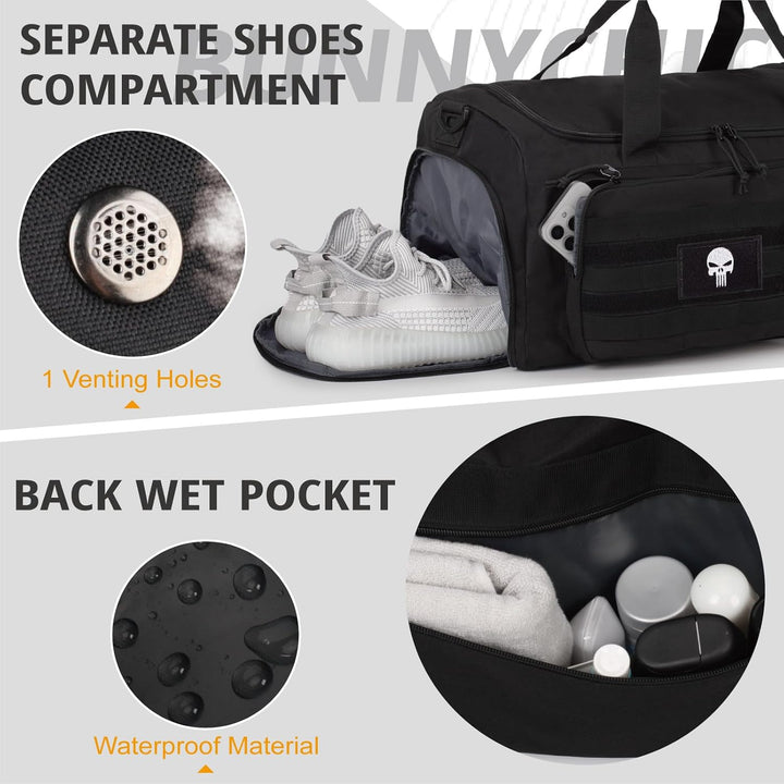 Taktische Sporttasche für Herren, 60L grosse Reisetasche mit Schuhfach, Sporttasche mit Nassfach, Mu