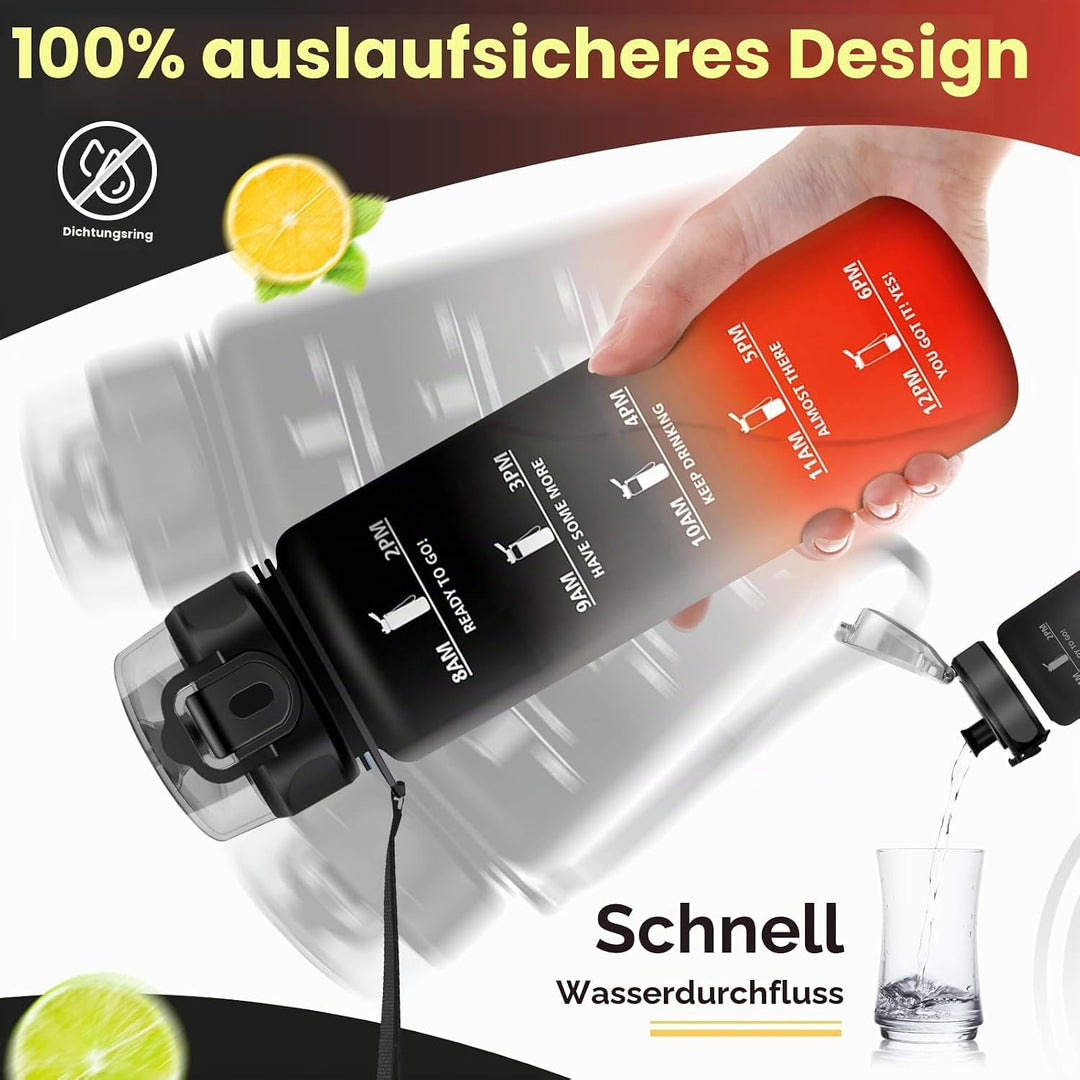 KollyKolla Trinkflasche Kohlensäure Geeignet, 500ml/1L/1.5L, Sport Trinkflasche mit Zeitmarkierung,