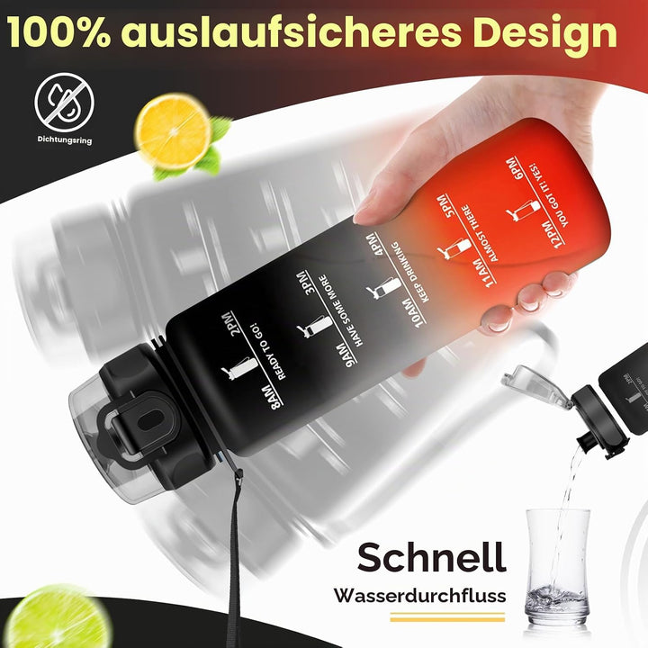 KollyKolla Trinkflasche Kohlensäure Geeignet, 500ml/1L/1.5L, Sport Trinkflasche mit Zeitmarkierung,