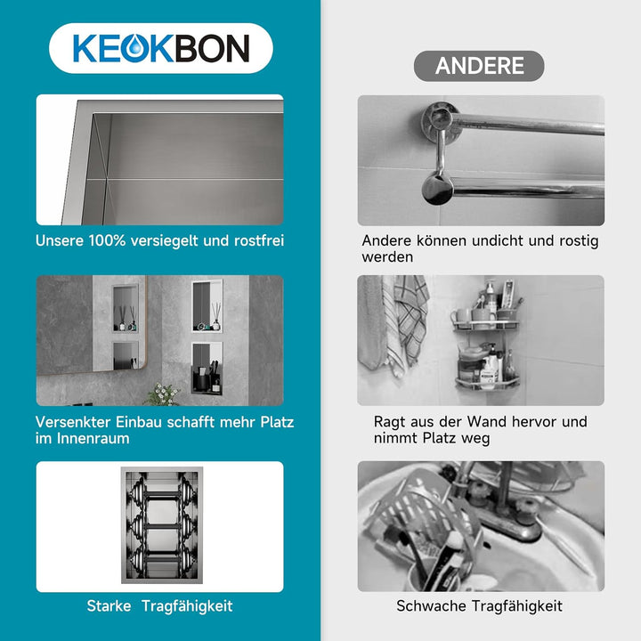 KEOKBON 20x30 x10 cm Nano-Silber Wandnische Dusche Edelstahl Einzelregal Lagerung, Keine Fliesen Erf