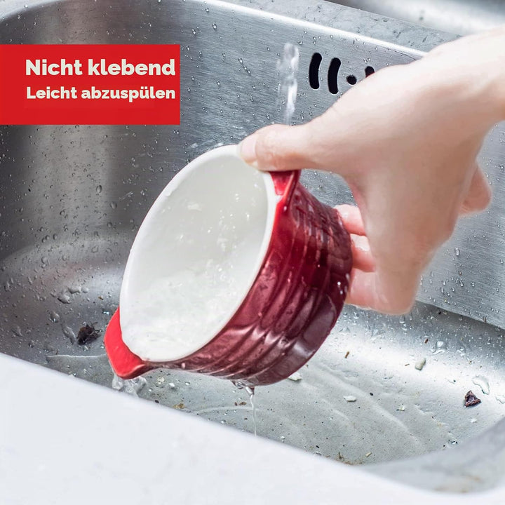 Auflaufform Klein 250ml X 4er, Soufflé Förmchen Mit Deckel - Rot, Creme Brulee Schälchen aus Porzell