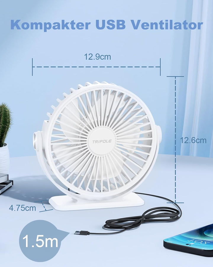 TriPole Ventilator Leiser, Mini Ventilator mit 3 Gang, USB Tischventilator Leistungsstarker Tragbare