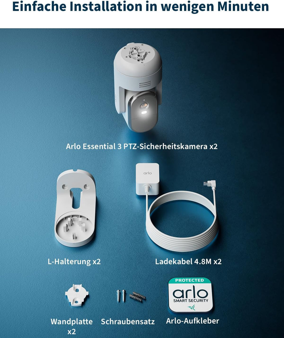 Arlo Essential 3 HD PTZ Überwachungskamera Aussen WLAN, 1080p Video, Farbnachtsicht, 360º Schwenkbar